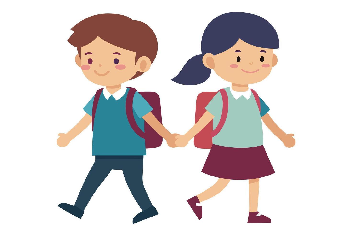 Cartoon Boy and Girl Walking Holding Hands with Backpacks on a Transparent Background vector