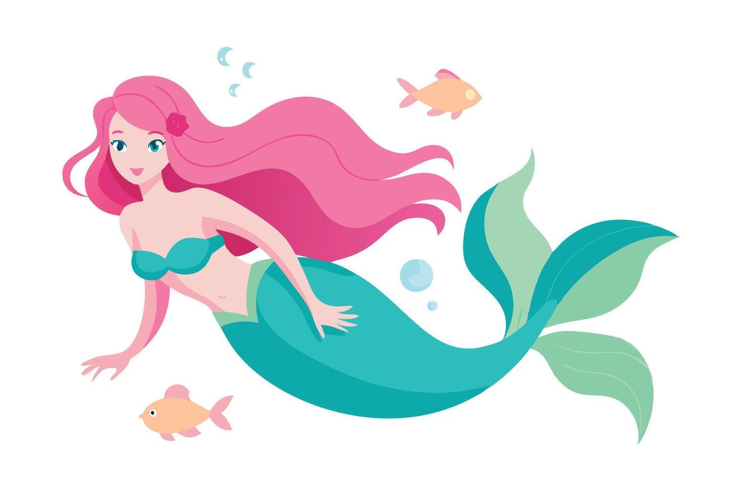 Mermaid with Pink Hair, Teal Tail, Small Gold Fish, Bubbles on Transparent Background vector