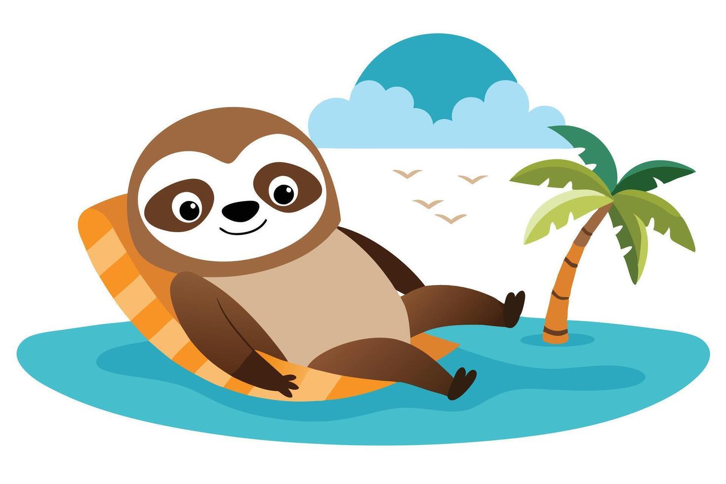 Cheerful Cartoon Sloth Lounging on Float by Tropical Palm Tree in Blue Water vector