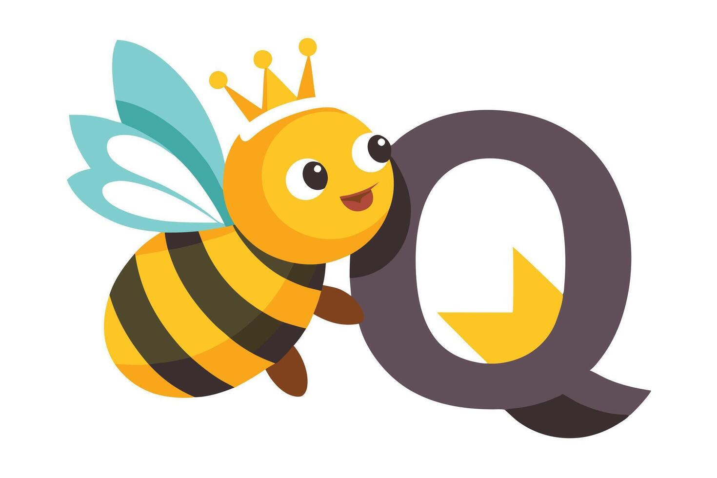 Cute Queen Bee Cartoon With Crown Leaning On Letter Q On White Background vector