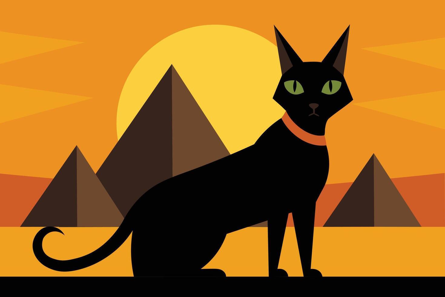 Black cat silhouette with green eyes in egypt during sunset, illustration with pyramids, mysterious desert vibe, elegant feline art, golden sky backdrop vector