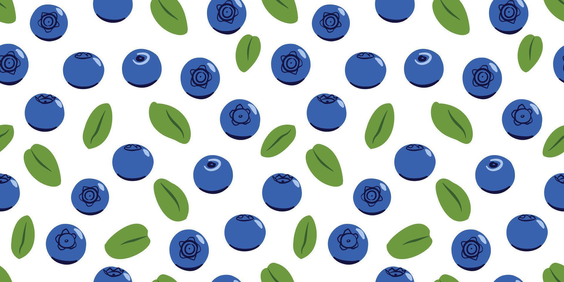 Blueberry Fruit Seamless Pattern with Blue Berries and Green Leaves vector