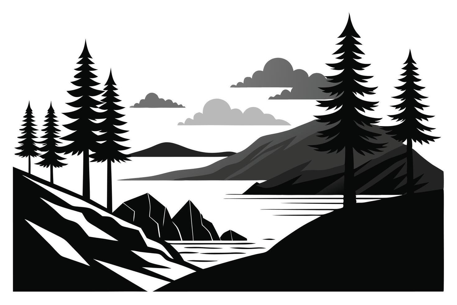 Monochrome Lake and Mountain Landscape with Pine Trees and Cloudy Sky vector