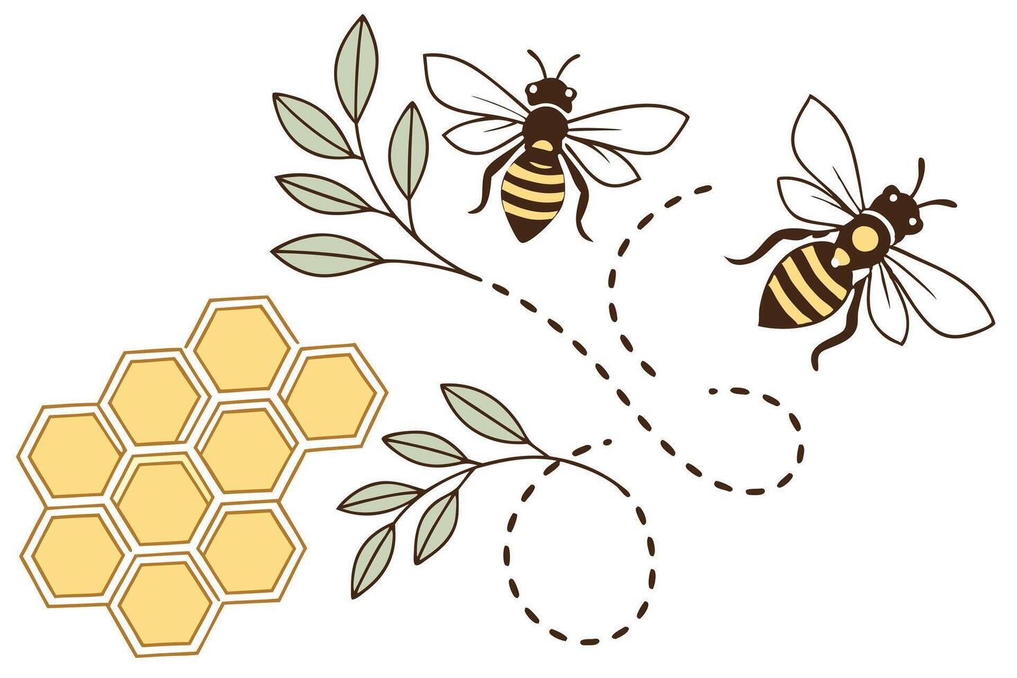 Cartoon Flying Bees with Honeycomb, Olive Branch and Dotted Trails on White Background vector