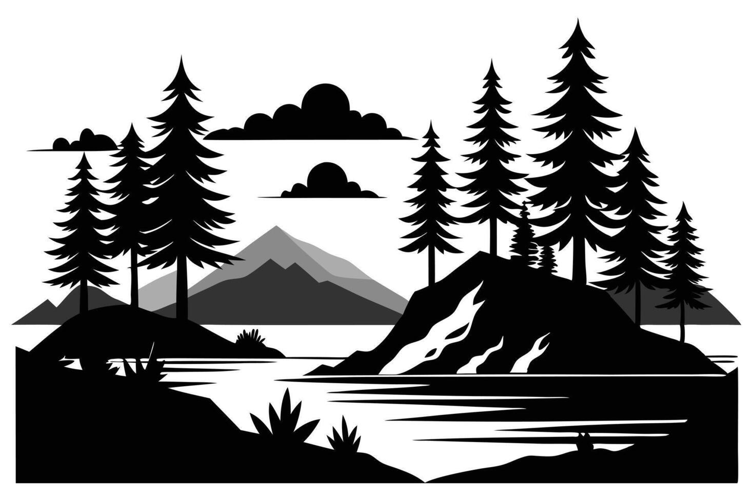 Minimalist Black and White with Trees, Mountains, and Water Landscape vector