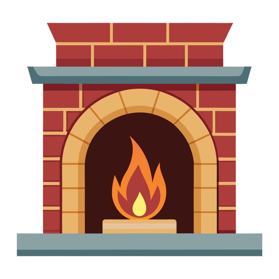Brick Fireplace with Flames in Cartoon Flat Style, Transparent Background vector