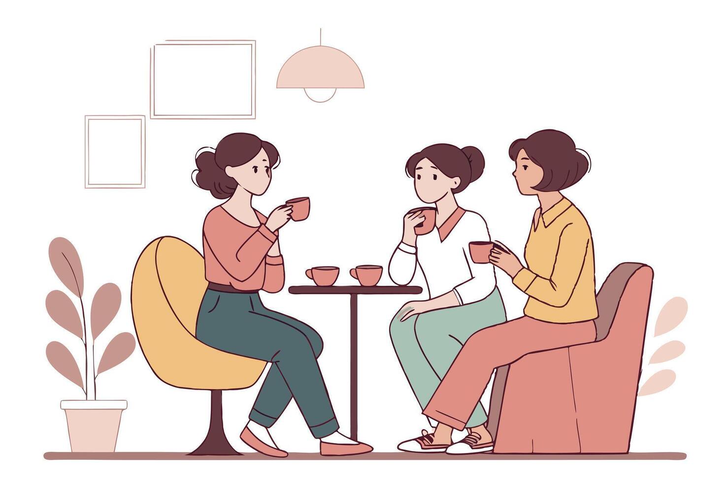 Three Cartoon Women Sitting, Drinking Coffee, Relaxing, Casual Setting, vector