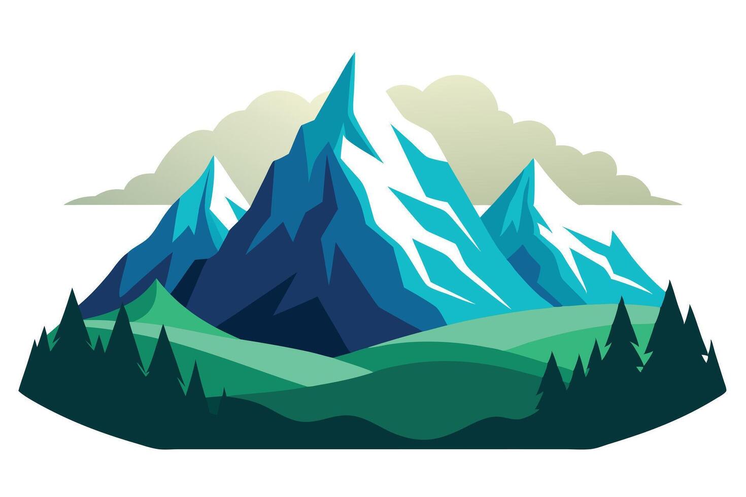 Mountain Peaks and Evergreen Trees Landscape on White Background vector