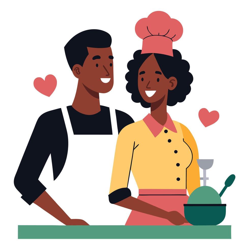 African Couple Cooking, Wearing Chef Hats, Bowl, Spoon, Flat Design, White Background vector