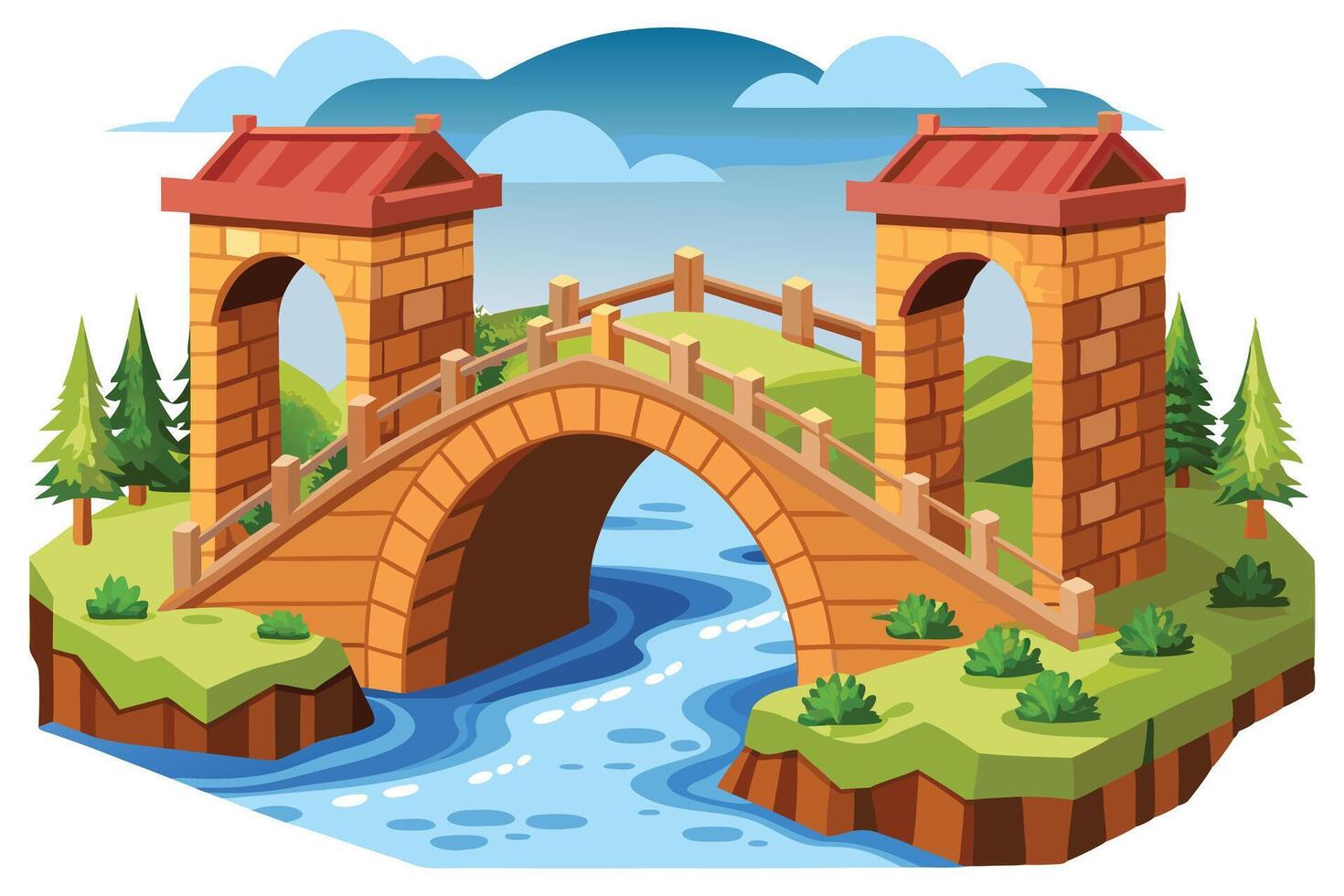 Stone Arch Bridge Over River with Red Roof Towers, Cartoon Style Landscape vector