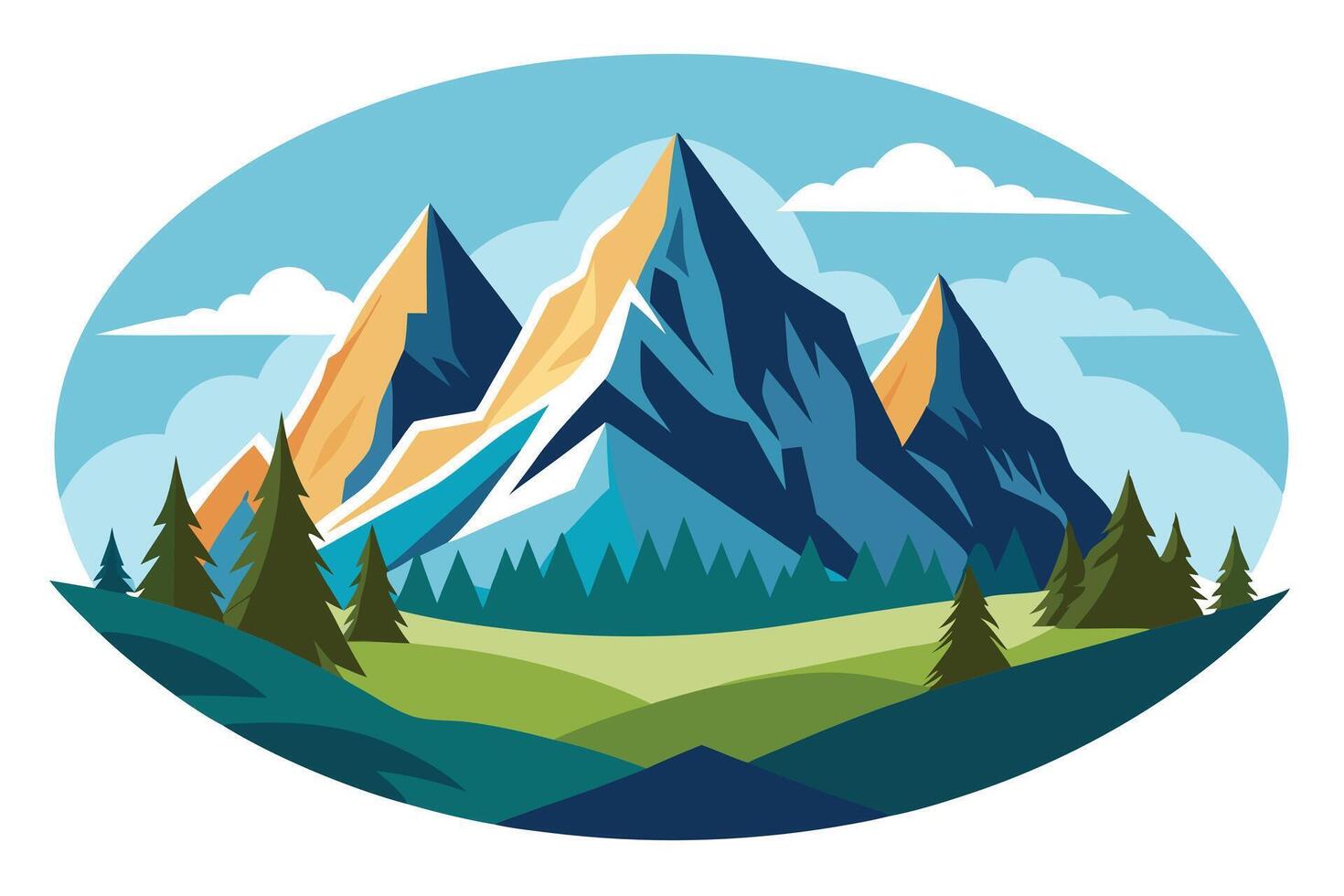 Scenic Mountain Peaks in Oval with Evergreen Trees Landscape vector