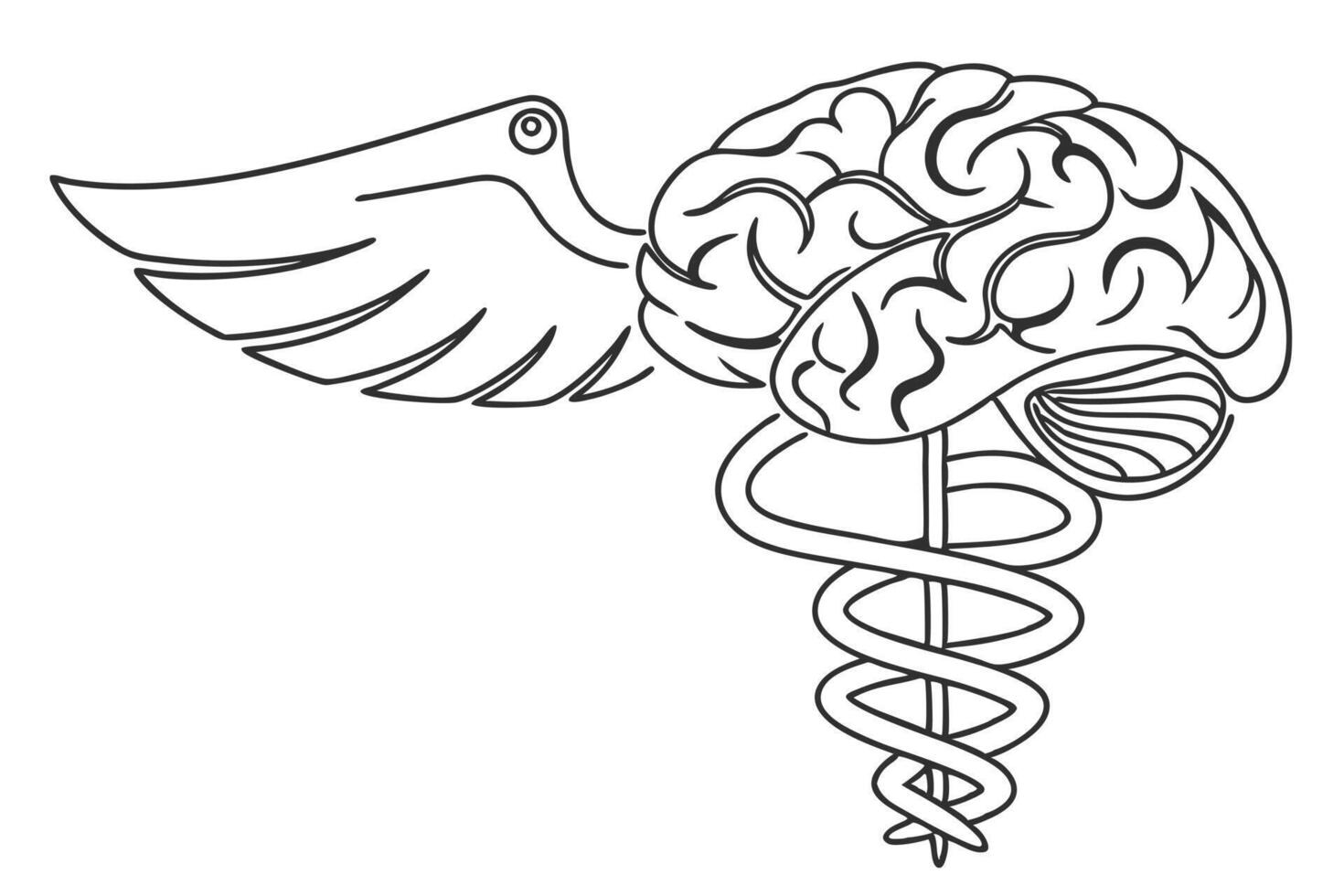 Flying Brain with Wings and Caduceus Line Art on Transparent Background vector