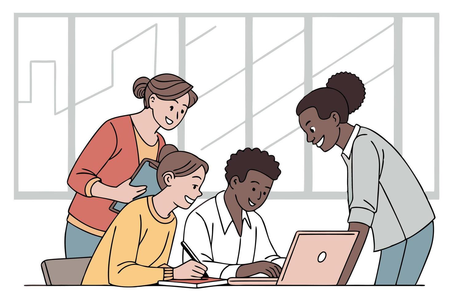 Diverse Team Collaborating on Laptop with Tablet and Notebook near the Window vector