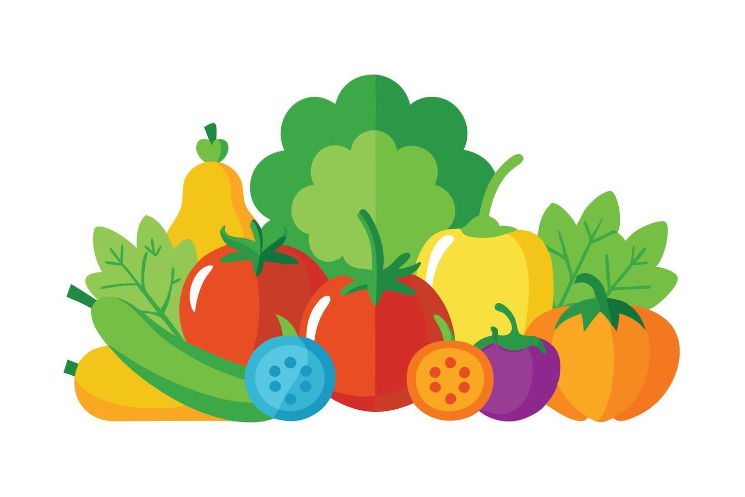 Flat Design Still Life with Tomatoes, Pumpkin, Lettuce and Colorful Vegetables vector