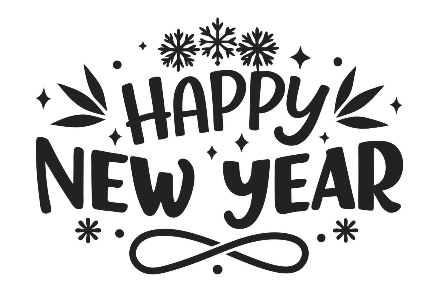 Happy New Year Lettering with Snowflakes, Stars, and Flourishes on White Background vector