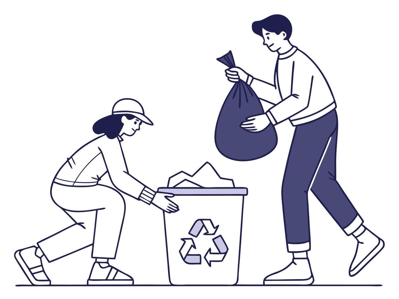 Young Volunteers Throwing Trash Bag In Recycling Bin On White Background vector