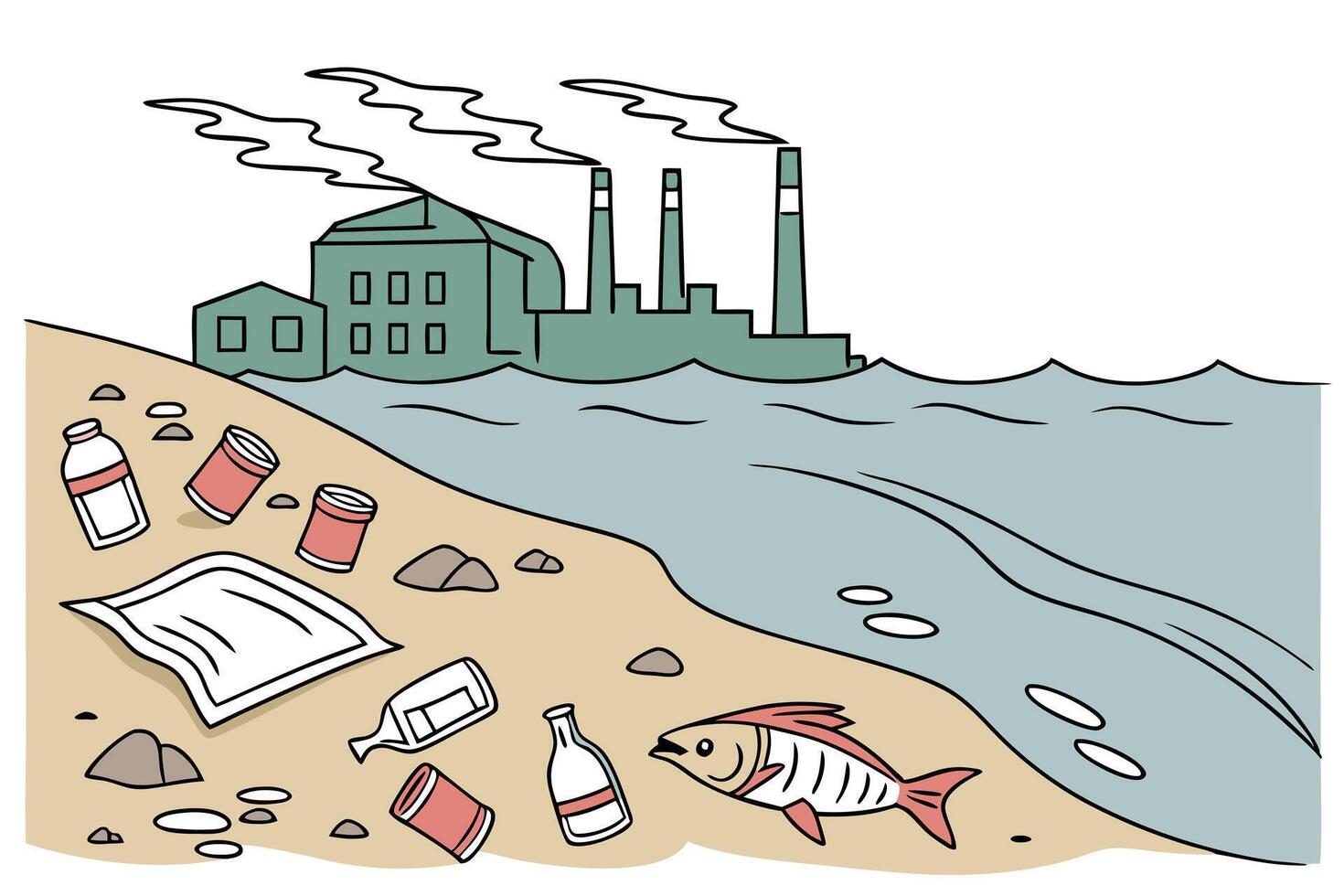 Cartoon Polluted Coastline with Factory, Beach Litter, and Dead Fish vector