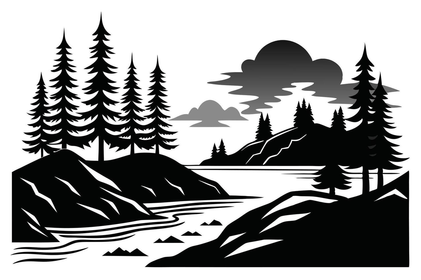 Monochrome Nature Landscape with River, Pine Trees, Hills, and Cloud vector