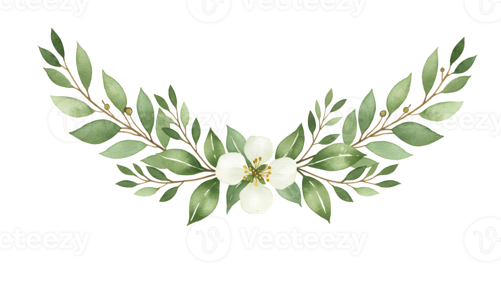 Watercolor illustration of a wreath of green leaves and flowers png