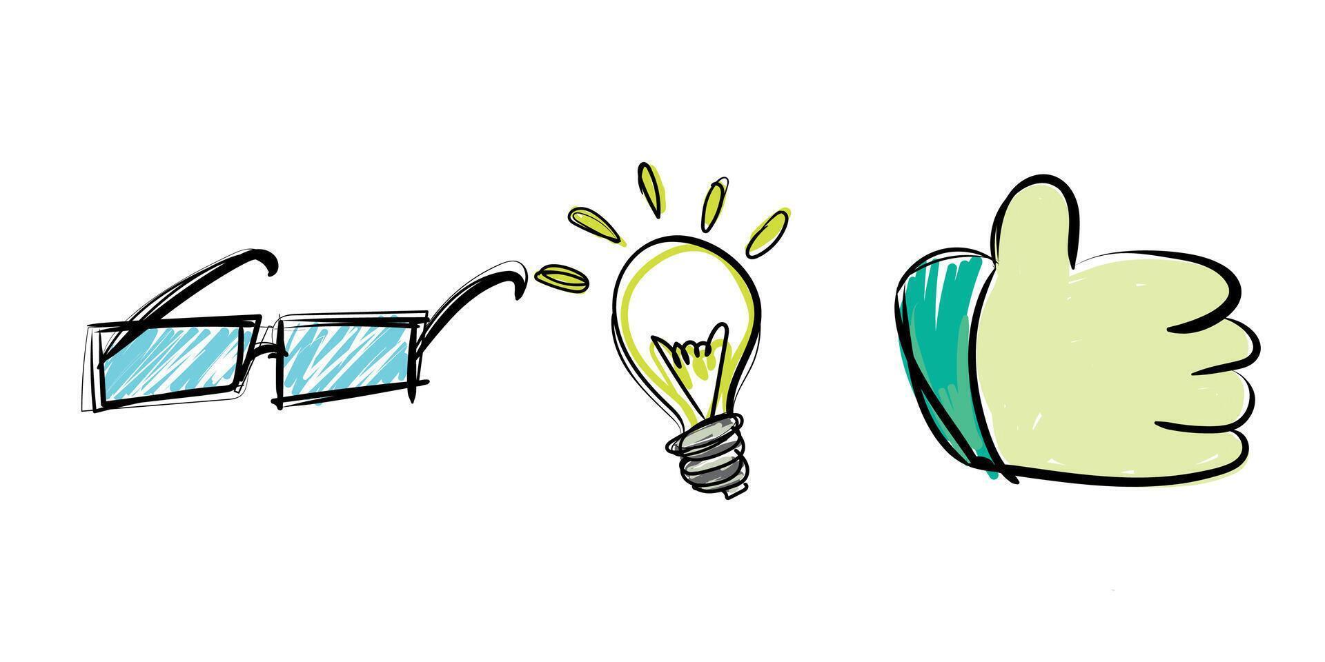 Doodle illustration hand, ight bulb and glasses vector