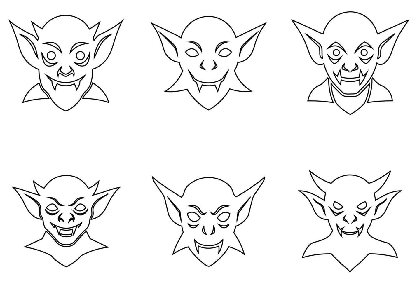 Set of Black and White Goblin and Vampire Face Line Art Icons vector