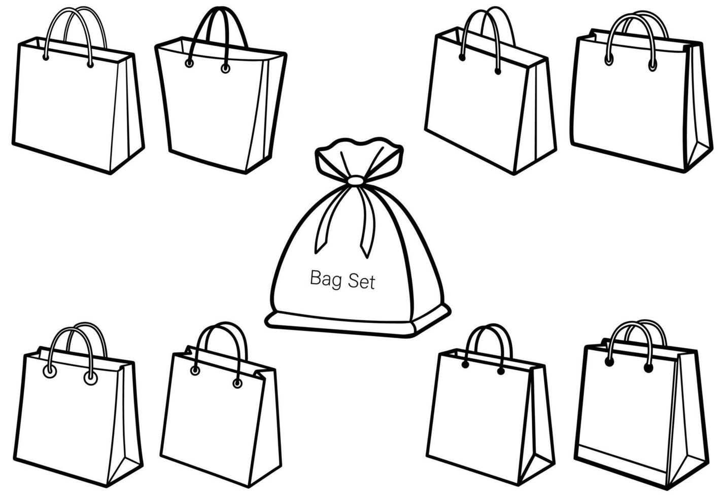 Hand-Drawn Shopping Bag Set Line Art Minimalist Black and White Illustration of Paper Bags and Gift Bag for E-Commerce, Branding, Packaging, and Design Use vector