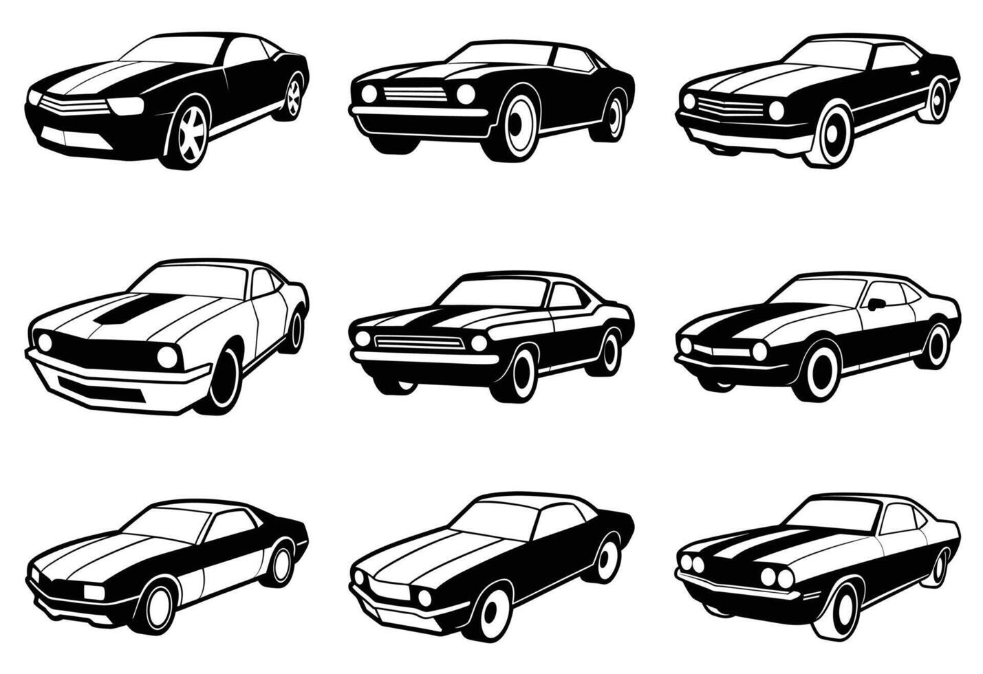 Classic Muscle Car line art Set - Black and White Retro Car Illustrations for T-Shirts, Posters, and Branding vector