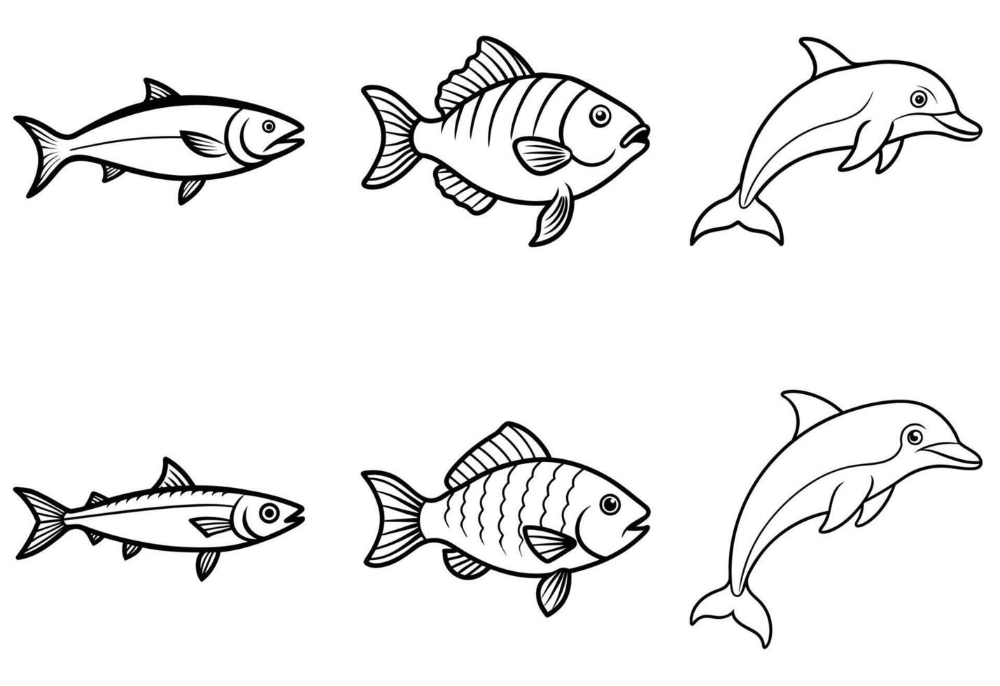 tuna, tilapia, dolphin fish line art on white background, fish bundle. vector