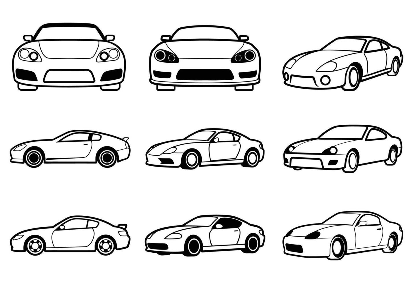 Car Line Art Set Black and White Outline Illustrations of Classic and Modern Cars on white background vector