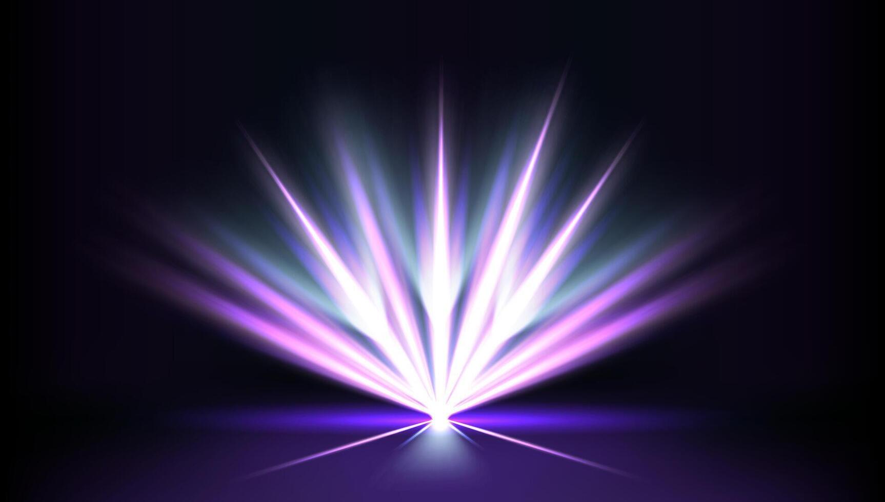 Dynamic light display with purple and blue rays illuminating a dark background in an artistic performance. vector