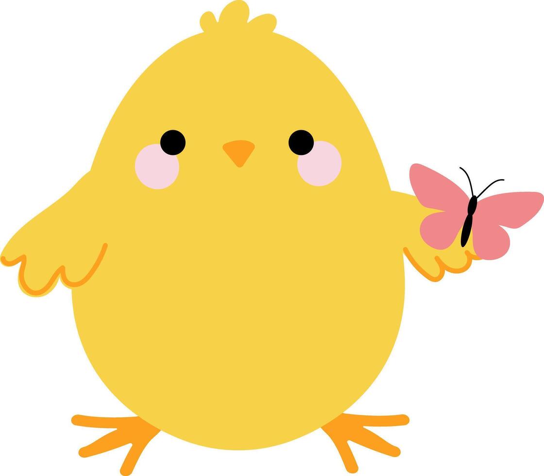 Cute chick with butterfly. Festive illustration in flat style vector