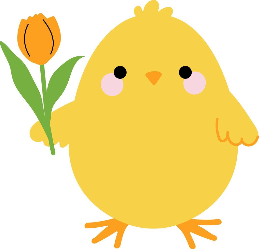 A cartoon Easter cute chick holding a tulip. Playful character vector