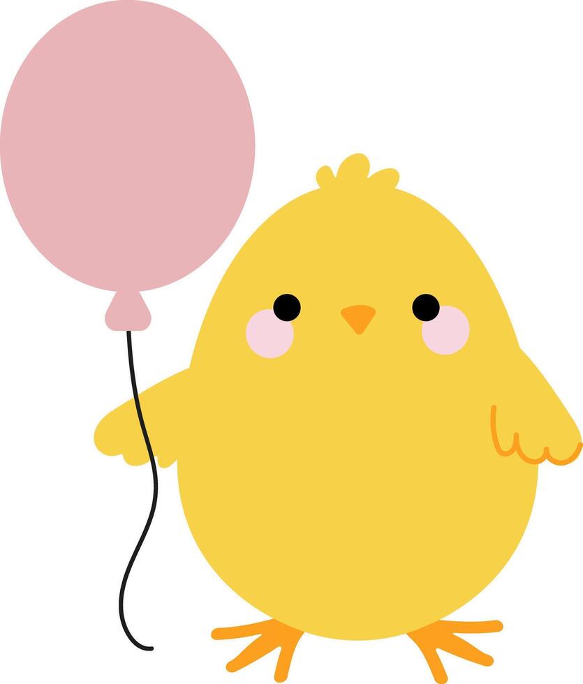 A cartoon Easter chick holding a ballon. Playful cartoon character. Flat illustration vector