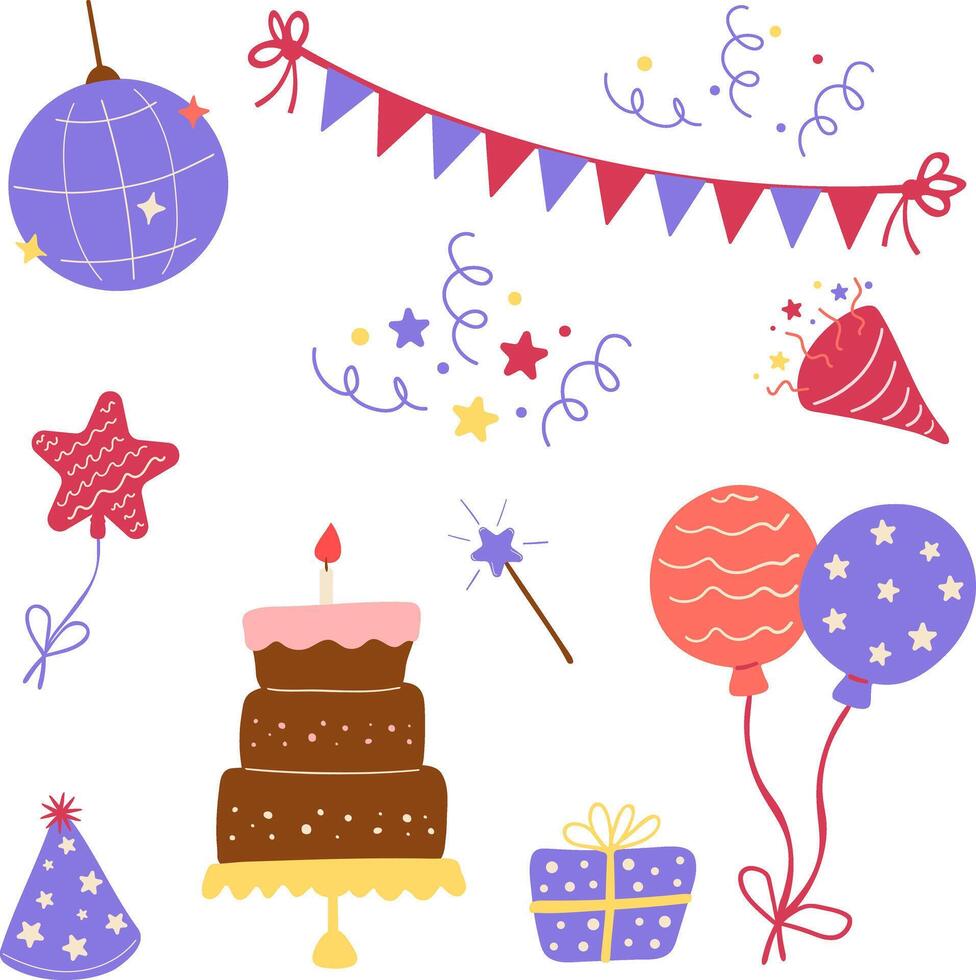 Birthday celebration flat set cake and garland includes a colorful cake with a candle, bright balloons, a festive garland, and a gift box. Perfect for greeting cards, invitations, posters vector