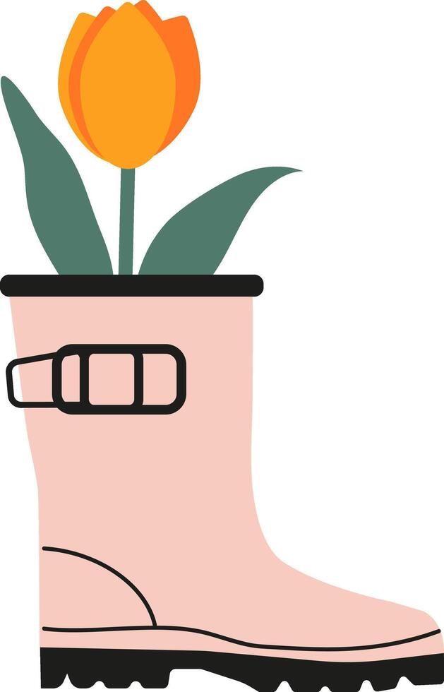 A charming rubber boot planter featuring a bright tulip flower, creating a playful and colorful touch. Ideal for garden and home decor project, this illustration design vector