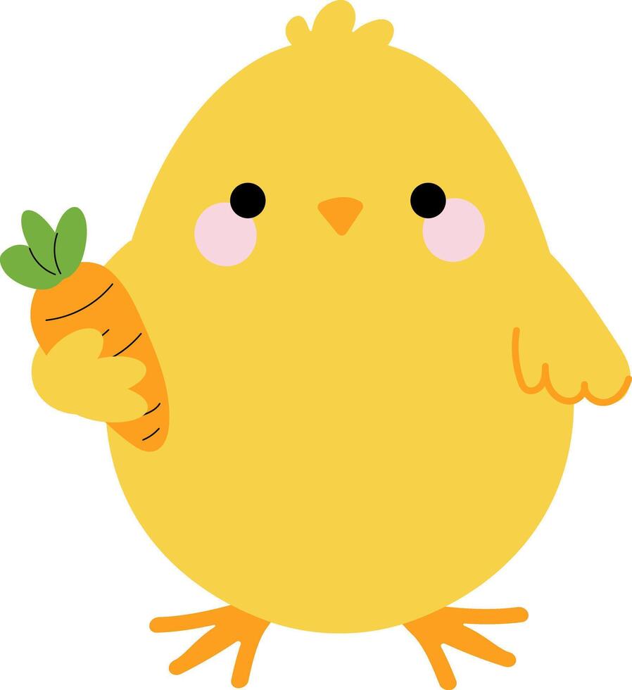 A cartoon Easter chick holding a carrot. Playful character vector