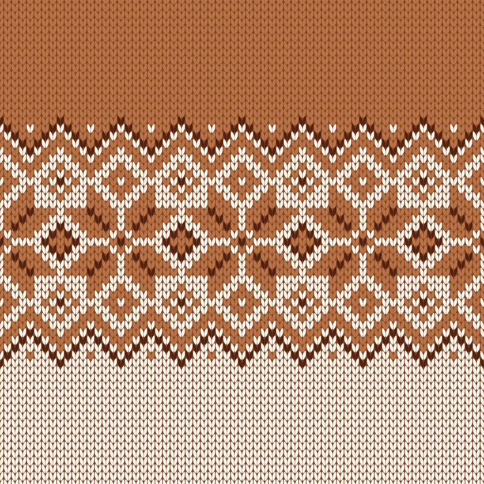 Scandinavian knitted seamless pattern. Norwegian native style sweater, ornament with snowflakes. Fair Isle design. Wool texture. Winter holiday background, beige and brown vector