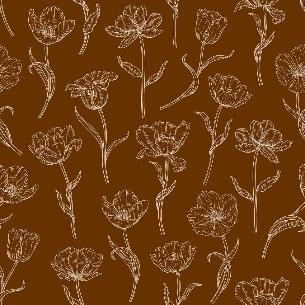 Floral seamless pattern with contour tulips. Beautiful stylish flowers with leaves. Retro decorative wallpaper, template for fashion design. Botanical print on brown background vector