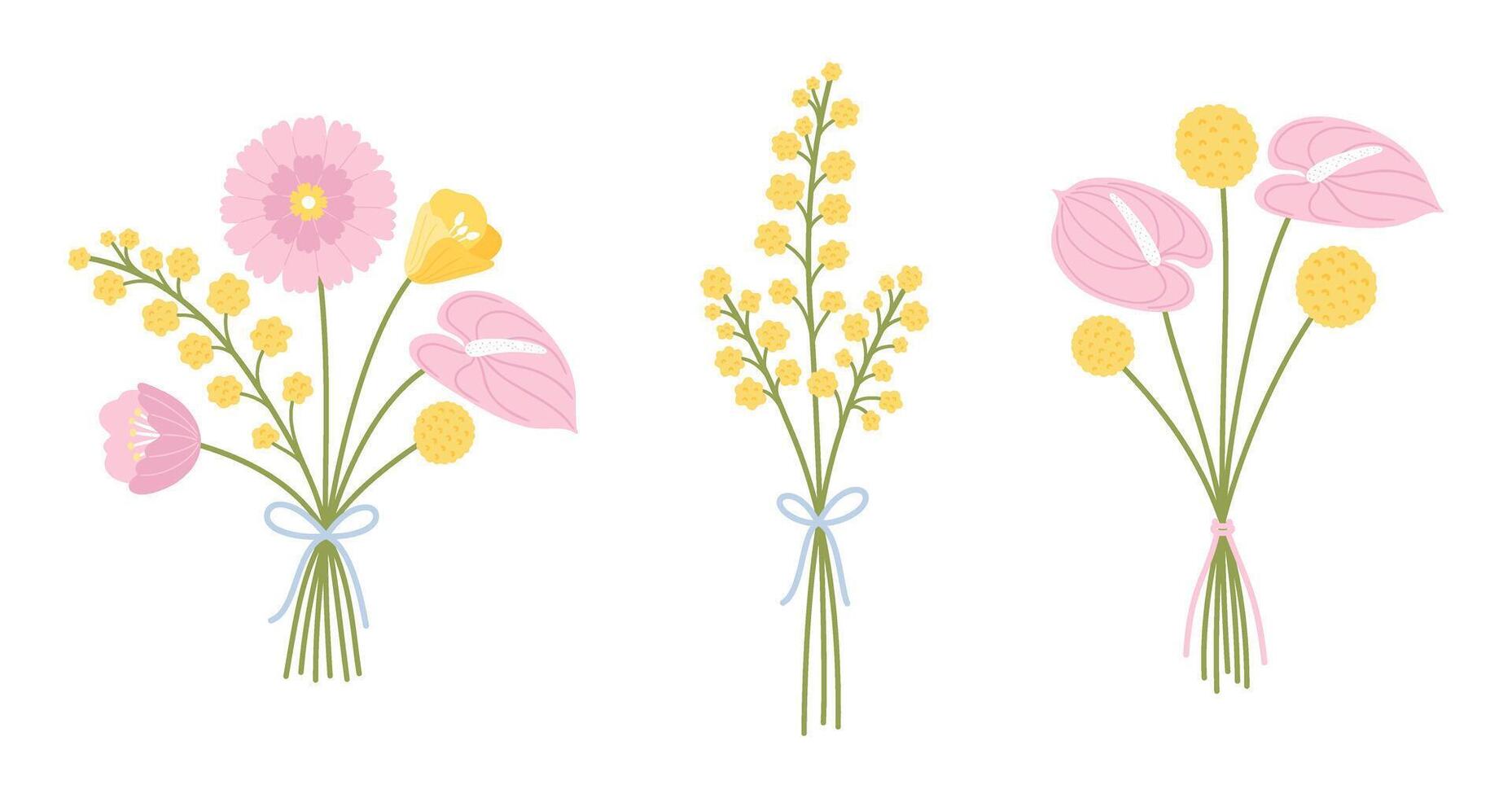 Wildflower bouquets set. Gentle floral bouquets, illustration. Flowers tied with ribbons. Meadow herbs and wild plants for design projects vector