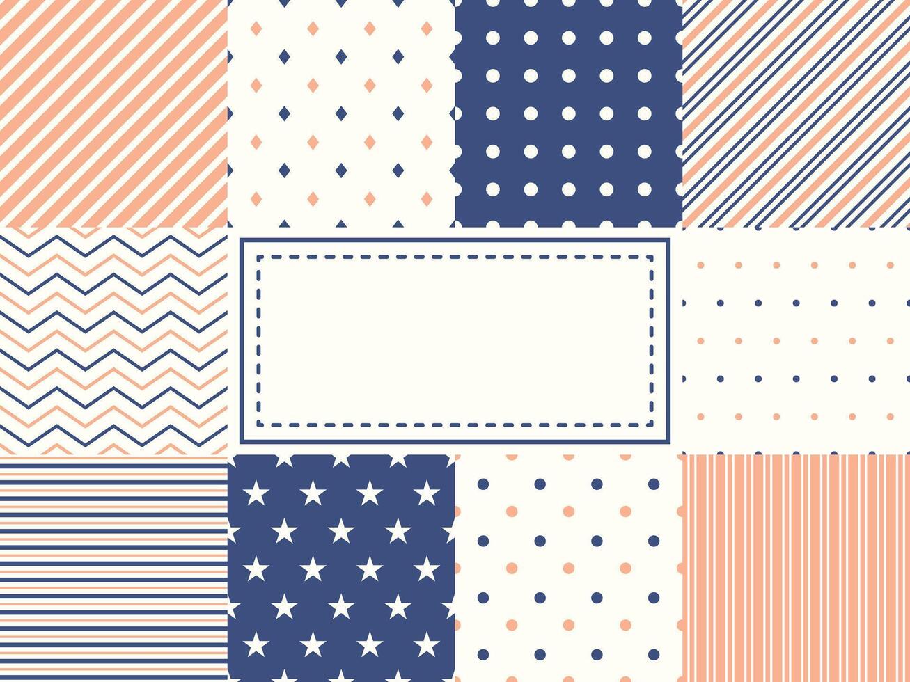 Set of ten simple seamless patterns in retro soft colors red, blue, white. Classic backgrounds vector