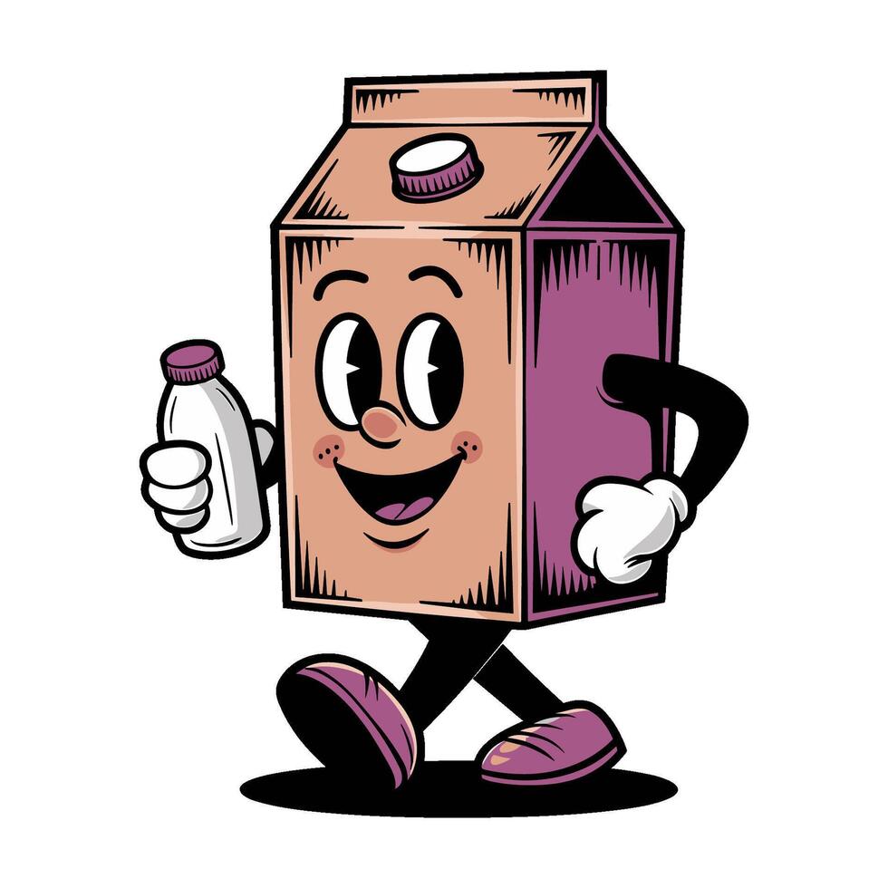 Retro character of a cartoon milk carton happily walking while holding a bottle of milk vector
