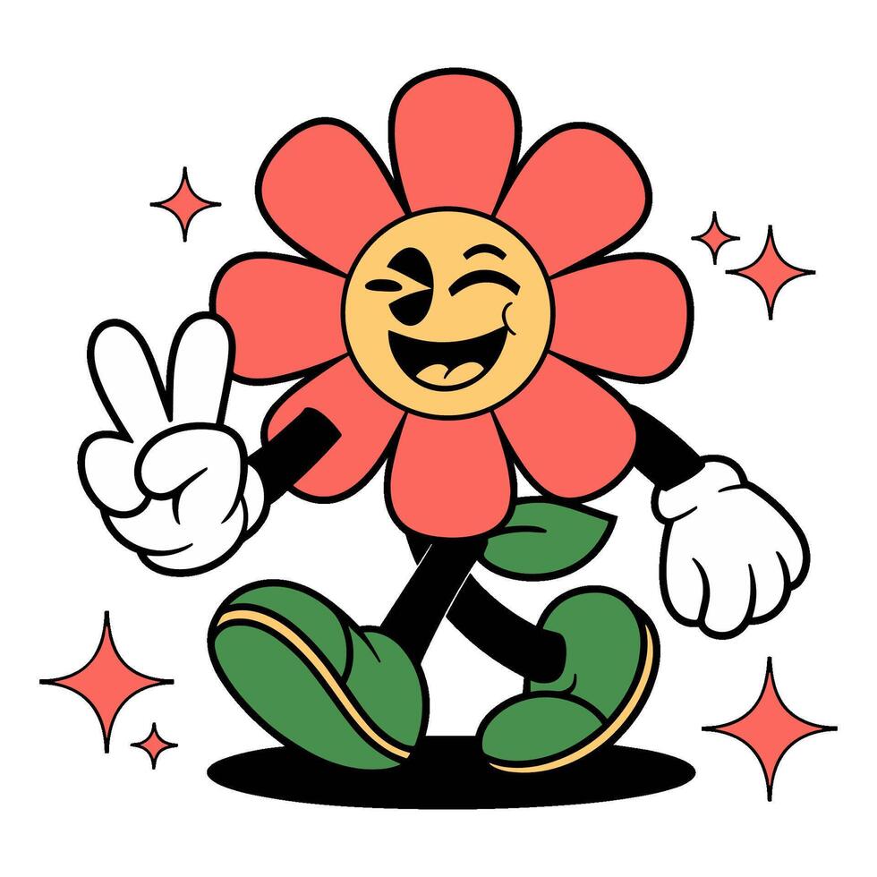 Cheerful cartoon flower character with petals as head, winking and showing peace sign, in retro style vector