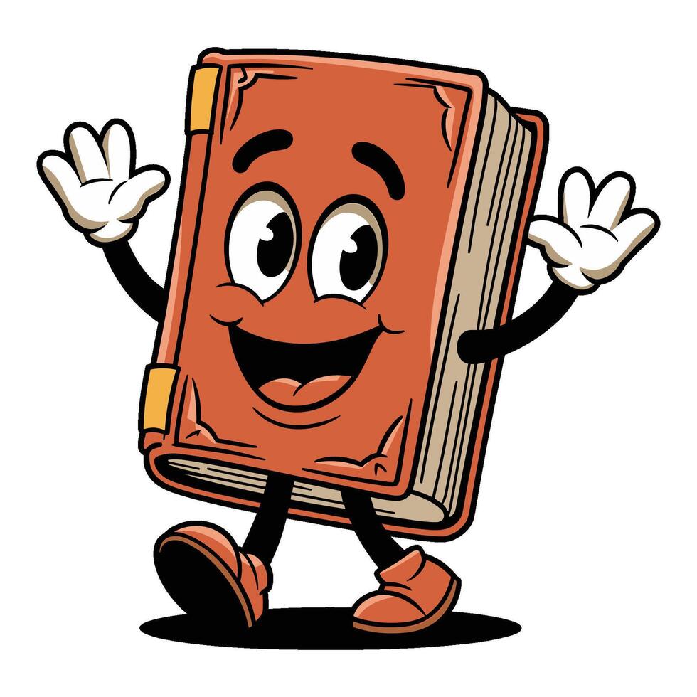 retro character of book with cheerful expression and cartoonish features walking joyfully with raised hands vector