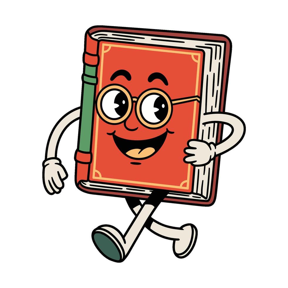 Retro character illustration of a cheerful book character running joyfully in playful style vector