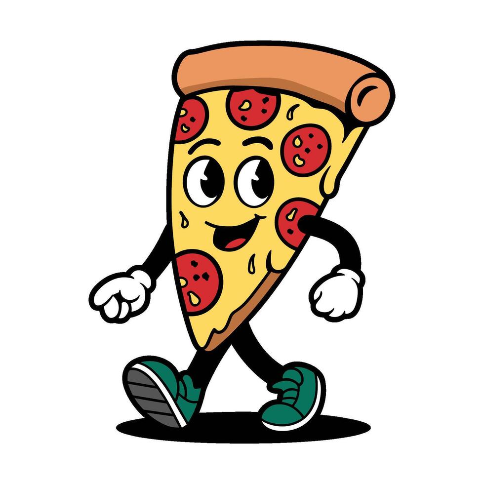 Pizza character walks joyfully through vibrant town cartoon style design and flat illustrations vector