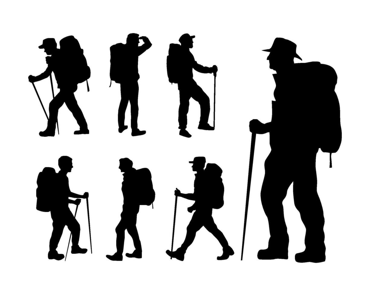 set of silhouette outdoor adventure hiker hiking vector