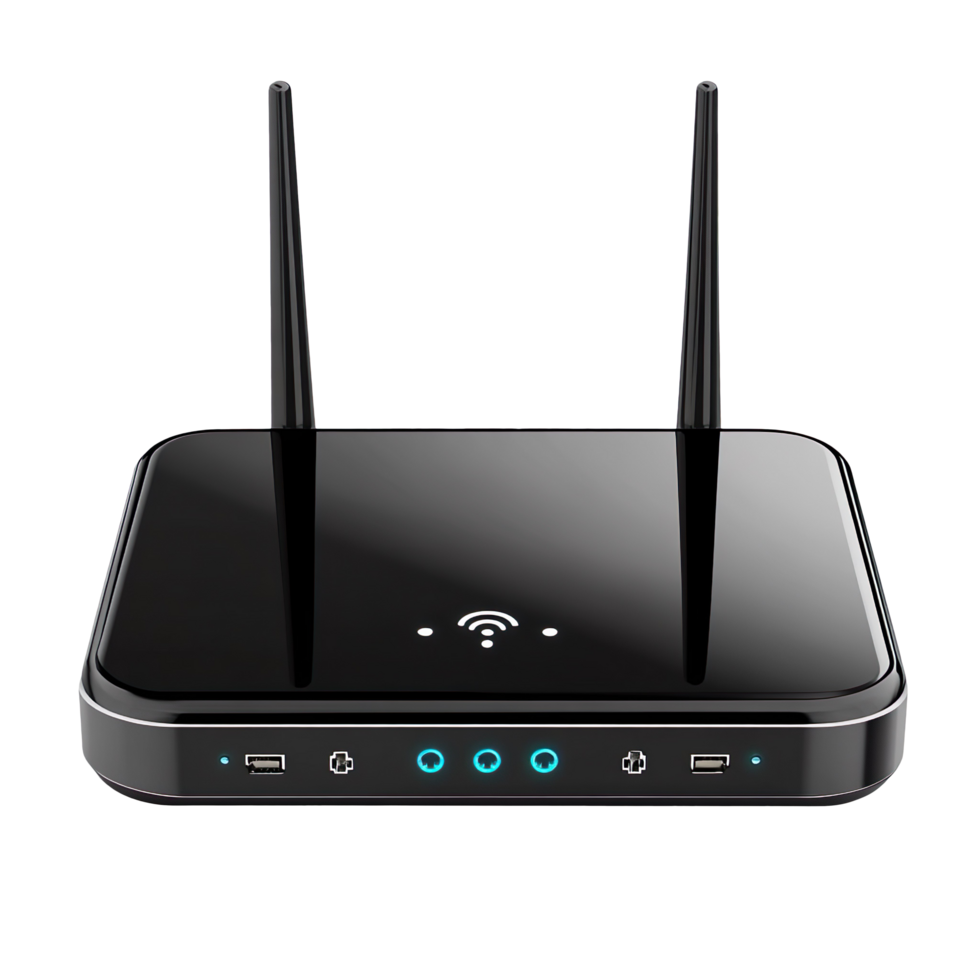 A black router with two antennas isolated on transparent background png