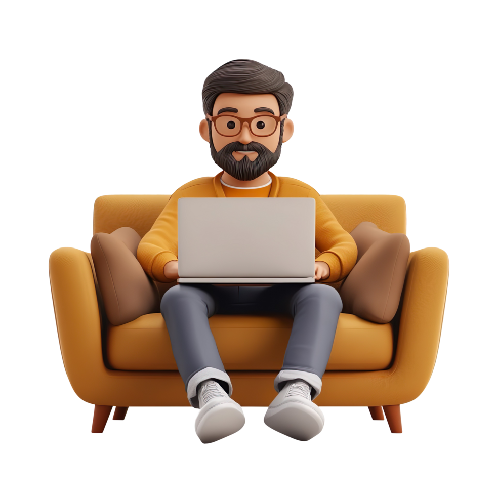 3d male character sitting on a sofa and working on a laptop isolated on transparent background png