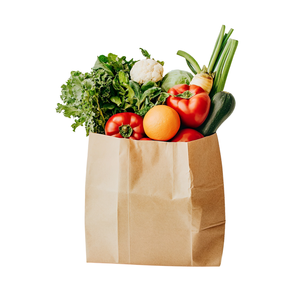 A brown paper bag filled with fresh vegetables isolated on transparent background png