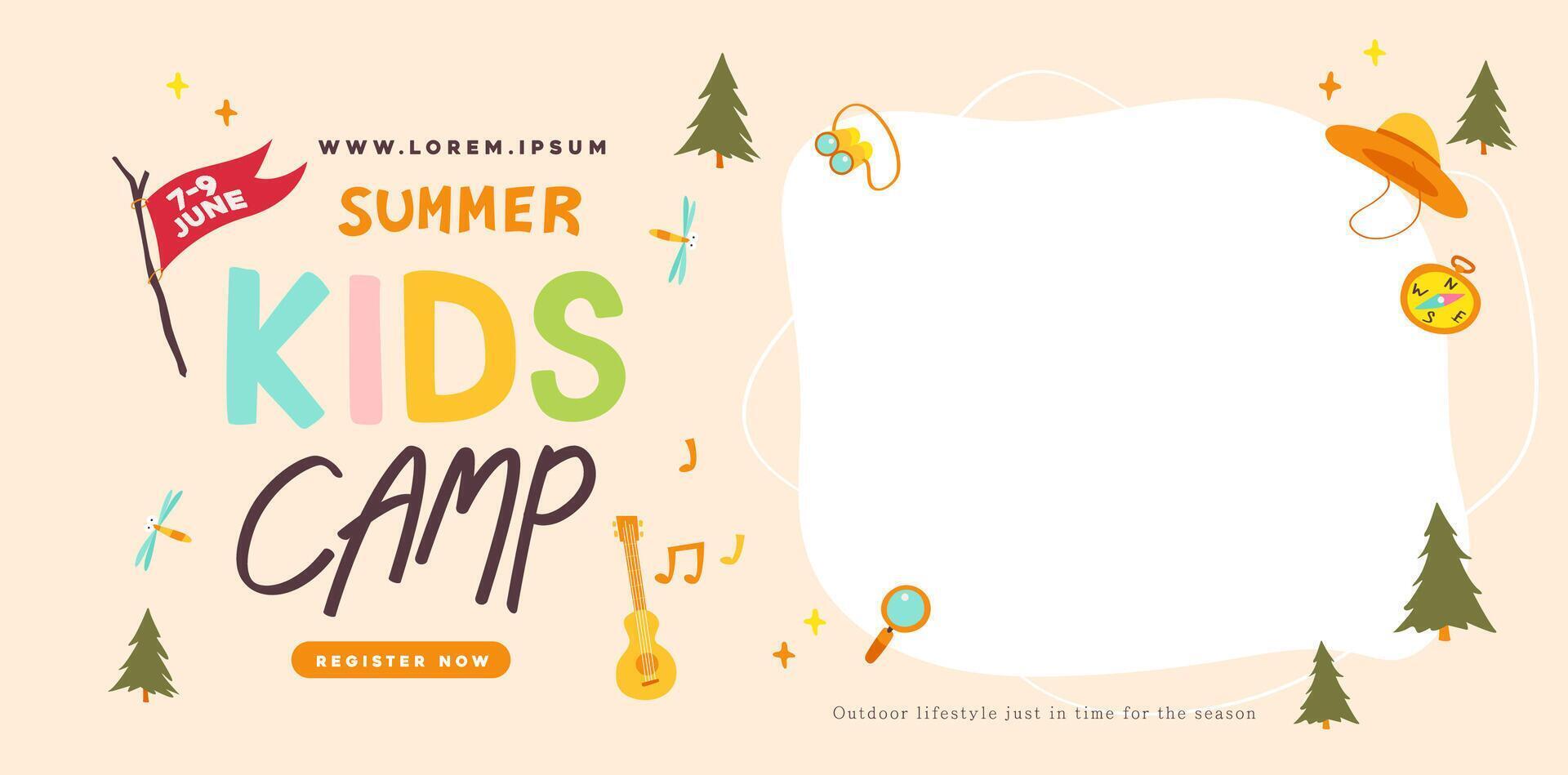 Summer camp for kids poster nature background with Summer camp adventure activities set vector